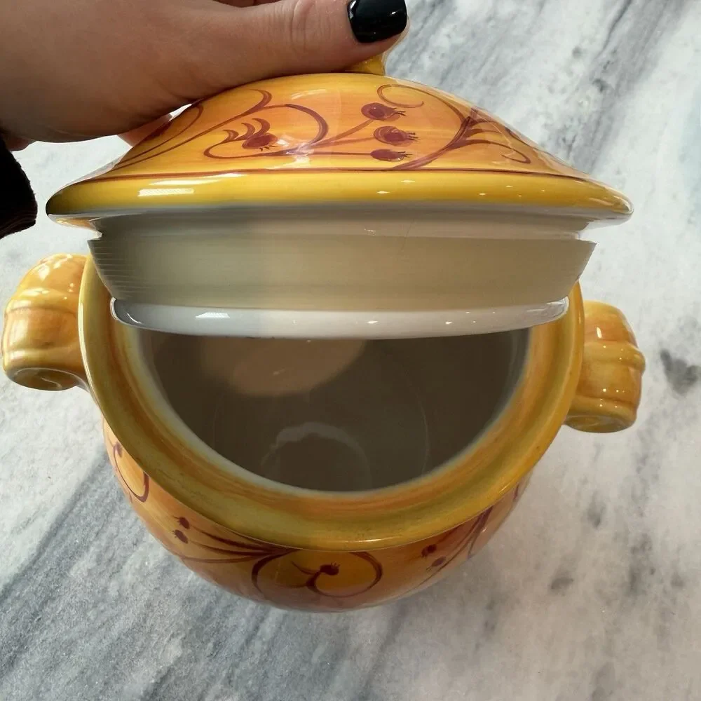 Pier 1 Hand-Painted Earthenware Karistan 11x12” Large Cookie Jar Crock With Lid